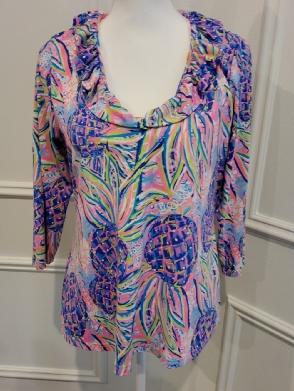 Lulu-B Pink & Purple Pineapple Print Ruffle V-Neck Blouse